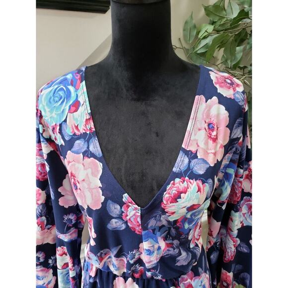 B Famous Women's Blue Floral Polyester V-Neck Long Sleeve Knee Length Dress 1X - Picture 5 of 11